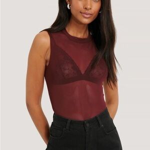 Emma Ellingsen x Na-Kd Burgundy Sheer Sleeveless Top